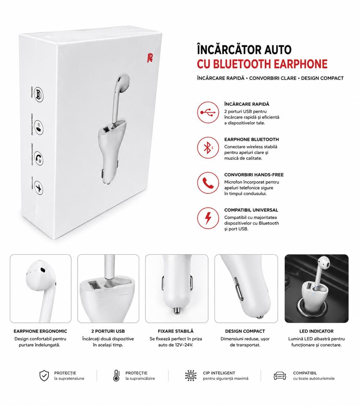 Încărcător Auto Inteligent cu Cască Bluetooth Integrată